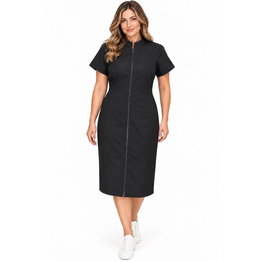 Lafayette 148 New York Black Front Zip Sheath Dress Mock Neck Short Sleeve 12